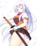  1girl artist_request breasts chouun_shiryuu closed_eyes fingerless_gloves gloves highres ikkitousen katana large_breasts long_hair panties pleated_skirt school_uniform short_sleeves silver_hair skirt solo sword underwear uniform very_long_hair weapon 