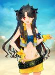  +_+ 1girl ;d absurdres bandaid bandaid_on_stomach bandeau belt black_hair blue_bandeau bow commentary_request cowboy_shot cropped_vest earrings fate/grand_order fate_(series) fingerless_gloves gloves hair_bow hand_on_hip highres hiyameshi_(hiyamesshi) ishtar_(fate)_(all) jewelry long_hair looking_at_viewer midriff money_gesture navel one_eye_closed open_mouth red_eyes shorts sidelocks smile solo space_ishtar_(fate) standing studded_belt two_side_up vest yellow_gloves yellow_shorts yellow_vest 