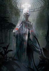  baikoku_no_terror cover cover_page esuthio gun halo highres holding holding_gun holding_weapon looking_to_the_side no_humans novel_cover official_art robot science_fiction skull solo standing veil weapon 