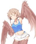  1girl ^_^ arm_up armpits blue_tank_top breasts closed_eyes closed_mouth dinosaurus_(azimangasaurus) english_commentary existence eyebrows_visible_through_hair facing_viewer feathered_wings game_cg hair_between_eyes harpy kari_(existence) light_brown_hair medium_breasts midriff monster_girl navel skirt smile solo standing tank_top transparent_background white_skirt wings 