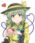  1girl closed_mouth commentary_request ebisu_eika eyeball goto_tsukasa hat heart heart_of_string holding_cd komeiji_koishi looking_at_viewer simple_background smile solo third_eye touhou white_background wily_beast_and_weakest_creature 