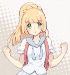  1girl backpack bag bangs blonde_hair blush clenched_hands collarbone commentary_request eyelashes green_eyes hands_up highres kazuru_wa lillie_(pokemon) long_hair open_mouth pleated_skirt pokemon pokemon_(game) pokemon_sm ponytail short_sleeves skirt solo upper_body 