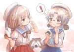  ! 2girls blue_neckwear blue_sailor_collar blue_skirt bokukawauso brown_eyes commentary_request cowboy_shot food food_on_face glasses green_eyes grey_hair hat hirato_(kantai_collection) kantai_collection long_hair long_sleeves low_twintails mikura_(kantai_collection) multiple_girls neckerchief onigiri otter pleated_skirt puffy_short_sleeves puffy_sleeves red_skirt sailor_collar sailor_hat sailor_shirt school_uniform serafuku shirt short_hair short_sleeves skirt sleeves_rolled_up spoken_exclamation_mark twintails undershirt wavy_hair white_headwear white_shirt wss_(nicoseiga19993411) 