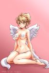  1girl angel_wings artist_request blonde_hair breasts breath_of_fire breath_of_fire_iii closed_mouth green_eyes hairband highres navel nina_(breath_of_fire_iii) panties short_hair simple_background solo underwear white_wings wings 