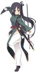  1girl baton black_hair closed_mouth double-breasted dual_wielding full_body gloves holding holding_sword holding_weapon long_hair long_sleeves looking_at_viewer open_pants pants pelvic_curtain reverse_grip shichiseiken_(tenka_hyakken) shiseki_hirame shoes side_ponytail simple_background smile solo standing standing_on_one_leg sword tenka_hyakken violet_eyes weapon white_background white_gloves white_pants 