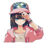  1girl baseball_cap blue_eyes brown_hair closed_mouth hat jacket ka_(marukogedago) long_hair long_sleeves looking_at_viewer open_clothes open_jacket original pink_headwear shirt simple_background solo upper_body white_background white_shirt wristband 