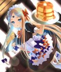 1girl abigail_williams_(fate/grand_order) alternate_costume bangs black_bow black_dress blonde_hair blue_eyes blush bow breasts corset dress enmaided fate/grand_order fate_(series) food forehead hair_bow highres inari_(ambercrown) long_hair looking_at_viewer maid maid_headdress multiple_bows open_mouth orange_bow pancake parted_bangs plate polka_dot polka_dot_bow small_breasts sticker thigh-highs thighs underbust white_legwear 