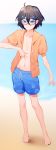  1boy absurdres bangs beach black_hair blue-framed_eyewear blue_eyes blush closed_mouth collarbone commentary frown glasses hair_between_eyes hair_ornament hairclip highres hood hooded_jacket indie_virtual_youtuber jacket kushizaki_(vtuber) looking_at_viewer male_swimwear navel ocean open_clothes open_jacket orange_jacket outdoors short_hair sketch solo st_(youx1119) standing stomach sweat swimwear upper_body 