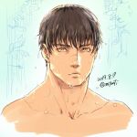  1boy berserk black_hair bruise_on_face close-up face guts_(berserk) hand_on_another&#039;s_chin looking_at_viewer male_focus messy_hair muscle portrait pov scar shirtless short_hair solo upper_body wet wet_hair yellow_eyes zonzgong 