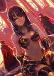  1girl 2others absurdres armor bangs bare_shoulders bikini bikini_armor black_hair boots breasts choker earrings gauntlets green_eyes highres indoors jewelry looking_at_viewer medium_breasts medium_hair multiple_others navel okuto original pointy_ears sitting smile solo_focus swimsuit thigh-highs thigh_boots warrior 