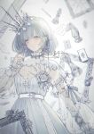  1girl ace_of_spades broken_mirror card chess_piece crown dress grey_eyes highres king_(chess) knight_(chess) long_sleeves looking_at_viewer mirror original pawn_(chess) playing_card queen_(chess) see-through senryoko short_hair silver_hair vial white_dress 