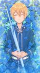  1boy absurdres bangs blonde_hair blue_flower blue_jacket blue_rose closed_eyes commentary_request eugeo facing_viewer flower hair_between_eyes hands_on_own_stomach highres holding holding_sword holding_weapon jacket liang_an long_sleeves looking_at_viewer lying male_focus on_back pants parted_lips partially_submerged rose sheath sheathed short_hair smile solo sword sword_art_online teeth water weapon 