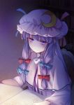  1girl blue_bow blue_ribbon blush book bookshelf bow capelet commentary crescent crescent_moon_pin dark eyebrows_visible_through_hair eyelashes hair_bow half-closed_eyes hat hat_ribbon jitome light long_hair looking_at_viewer mikagami_hiyori mob_cap open_book patchouli_knowledge purple_hair red_bow red_ribbon ribbon signature solo touhou upper_body violet_eyes watermark wide_sleeves 
