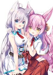  2girls animal_ears bangs bare_legs bell belt blue_eyes blush breasts capelet cat_ears commentary_request eyebrows_visible_through_hair flower fox_ears fox_girl fox_tail hair_bell hair_between_eyes hair_flower hair_ornament hakama highres hip_vent holding_hands japanese_clothes long_hair looking_at_viewer medium_breasts multiple_girls nanamomo_rio necktie open_mouth original pink_hair pleated_skirt red_hakama red_neckwear shiny shiny_hair shirt sidelocks silver_hair simple_background skirt sleeveless sleeveless_shirt tail white_background white_capelet white_shirt white_skirt yellow_eyes 