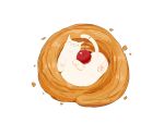  cat chai cherry commentary_request crumbs curled_up danish_pastry dessert food fruit highres no_humans original pastry sitting_on_food sweets undersized_animal white_background white_cat 