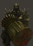  1boy armor brown_background commentary_request dark_souls dokomon executioner_smough facing_viewer fat fat_man full_armor gold_armor hammer helm helmet highres holding holding_weapon huge_weapon male_focus simple_background solo souls_(from_software) standing translation_request weapon 