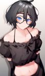  1boy absurdres bangs bare_shoulders black-framed_eyewear black_hair black_shorts black_sleeves blue_eyes blush braid closed_mouth collarbone commentary crop_top crossdressinging detached_sleeves glasses gradient gradient_background grey_background hair_between_eyes halterneck highres indie_virtual_youtuber kushizaki_(vtuber) long_sleeves looking_at_viewer midriff navel puffy_short_sleeves puffy_sleeves round_eyewear short_hair short_sleeves shorts smile solo st_(youx1119) stomach upper_body virtual_youtuber 