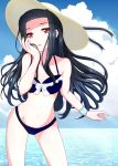  1girl 213 bikini black_bikini black_hair breasts floating_hair hand_on_own_face hat highres long_hair looking_at_viewer mahouka_koukou_no_rettousei medium_breasts midriff navel ocean open_mouth red_eyes saegusa_mayumi solo sun_hat swimsuit 