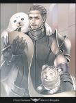  1boy armor bertolucci_(pixiv_fantasia) circlet copyright_name cub facial_hair fantasy gauntlets hair_slicked_back highres letterboxed nicole_pmonachi pauldrons pixiv_fantasia pixiv_fantasia_sword_regalia reading red_eyes seal shoulder_armor tiger tiger_cub white_tiger 