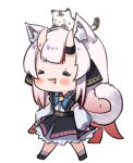  1girl :3 :d =_= animal_ears animal_on_head blush cat cat_ears cat_on_head cat_tail chibi full_body gradient_hair hololive horns kemonomimi_mode multicolored_hair nakiri_ayame namaonpa on_head open_mouth redhead simple_background smile tail virtual_youtuber walking white_background white_hair 