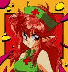  1990s_(style) 1girl araizumi_rui_(style) character_request dynamite_nurse hat highres long_hair looking_to_the_side nurse nurse_cap pointy_ears potiri02 red_eyes redhead solo 