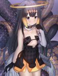  1girl ame_sagari bangs bare_shoulders black_dress black_gloves black_hair blue_eyes blush breasts brown_hair closed_mouth collarbone commentary_request detached_sleeves dress eyebrows_visible_through_hair feathered_wings gloves gradient_hair grey_sleeves grey_wings halo hand_up highres hololive hololive_english long_hair long_sleeves looking_at_viewer low_wings multicolored_hair ninomae_ina&#039;nis sidelocks single_detached_sleeve sleeves_past_wrists small_breasts smile solo strapless strapless_dress tentacles very_long_hair virtual_youtuber wings 
