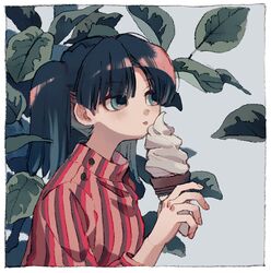  1girl :p bangs black_hair blush border eyebrows_visible_through_hair green_eyes holding ice_cream_cone ka_(marukogedago) leaf long_hair long_sleeves multicolored_hair original parted_bangs shirt solo streaked_hair striped striped_shirt tongue tongue_out twintails white_border 