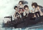  4girls ahoge bare_shoulders black_footwear black_hair black_skirt boots brown_hair closed_mouth cup detached_sleeves double_bun glasses green_skirt grey_eyes hairband haruna_(kantai_collection) headgear hiei_(kantai_collection) highres holding holding_cup japanese_clothes kantai_collection kirishima_(kantai_collection) kongou_(kantai_collection) long_hair mifuru multiple_girls nontraditional_miko pleated_skirt red_skirt ribbon-trimmed_sleeves ribbon_trim short_hair sitting skirt smile sparkle standing thigh-highs thigh_boots wide_sleeves 