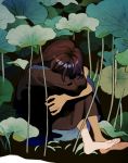  1girl barefoot black_background brown_dress brown_hair closed_mouth covered_face dress head_down ka_(marukogedago) knees_on_chest leg_hug lily_pad long_dress long_hair long_sleeves original plant simple_background sitting solo 
