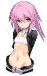  1girl alice_gear_aegis arms_behind_back bandeau black_jacket black_pants closed_mouth groin highres hirasaka_yotsuyu jacket karukan_(monjya) looking_at_viewer navel pants pink_hair solo sweat violet_eyes white_background 