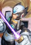  1boy android armor beam_saber black_armor black_zero_(mega_man) blue_eyes clenched_hand energy energy_weapon forehead_jewel gem glowing grey_hair hankuri helmet holding holding_sword holding_weapon hankuri long_hair looking_at_viewer male_focus mega_man_(series) mega_man_x_(series) rockman rockman_x serious shoulder_armor solo sword symbol very_long_hair weapon zero_(rockman) 