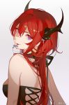  1girl arknights ask_(askzy) bangs bare_shoulders black_dress breasts cross dress from_behind hair_between_eyes head_tilt horns long_hair looking_at_viewer looking_back medium_breasts mouth_hold redhead solo surtr_(arknights) upper_body violet_eyes 