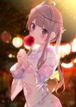  1girl ? ahoge bangs blurry blurry_background blush brown_hair bunny_hair_ornament candy_apple chikuwa. commentary_request depth_of_field eyebrows_visible_through_hair floral_print food fox_mask grey_eyes hair_ornament hands_up highres holding holding_food japanese_clothes kimono licking long_hair long_sleeves looking_at_viewer mask mask_on_head obi original print_kimono sash solo summer_festival tongue tongue_out twintails very_long_hair white_kimono wide_sleeves 