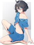  1boy absurdres ahoge bangs bare_legs bare_shoulders barefoot black-framed_eyewear black_hair blue_eyes blue_shirt blue_shorts blush border braid closed_mouth collarbone commentary_request from_side glasses grey_background hair_between_eyes highres indie_virtual_youtuber knee_up kushizaki_(vtuber) looking_at_viewer male_focus navel off-shoulder_shirt off_shoulder otoko_no_ko shirt short_hair short_sleeves shorts sitting smile solo st_(youx1119) stomach sweat virtual_youtuber white_border 