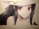  1girl black_hair close-up hat highres looking_up mahouka_koukou_no_rettousei mutigbigmac red_eyes saegusa_mayumi signature solo sun_hat traditional_media watercolor_pencil_(medium) 