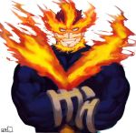  1boy 239_239 beard bodysuit boku_no_hero_academia crossed_arms facial_hair fire highres looking_at_viewer male_focus muscle mustache red_eyes redhead smirk solo spiky_hair todoroki_enji upper_body white_background 