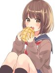  1girl bangs blue_sailor_collar blue_skirt blush bob_cut bread brown_cardigan brown_eyes brown_hair brown_legwear cardigan commentary_request dot_nose eyebrows_visible_through_hair food highres holding holding_food kneehighs knees long_sleeves looking_at_viewer melon_bread neckerchief no_pupils open_mouth original pleated_skirt red_neckwear sailor_collar school_uniform serafuku short_hair simple_background sitting skirt sleeves_past_wrists solo teeth upper_teeth uramakaron white_background 