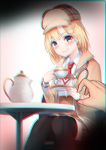  1girl absurdres blonde_hair blue_eyes chromatic_aberration eyebrows_visible_through_hair hat highres hololive hololive_english looking_at_viewer necktie red_neckwear shirt simple_background skirt smile thick_thighs thigh-highs thighs virtual_youtuber watson_amelia white_shirt yatsucchie 