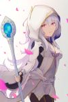  1girl absurdres ahoge bangs black_gloves black_pants breasts fate/grand_order fate/prototype fate_(series) fingerless_gloves gloves highres holding holding_staff long_hair long_sleeves looking_at_viewer medium_breasts merlin_(fate/prototype) pants smile staff thighs uranoma very_long_hair violet_eyes white_hair white_robe wide_sleeves 