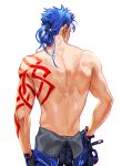  1boy back blue_hair cowboy_shot cu_chulainn_(fate)_(all) earrings fate/stay_night fate_(series) from_behind g0ringo jewelry lancer long_hair male_focus shirtless simple_background solo tattoo wet white_background 