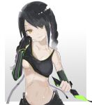  1girl absurdres alternate_eye_color arm_sheath belt belt_pouch black_gloves black_hair black_shorts braid breasts collarbone crop_top detached_sleeves girls_frontline gloves gradient gradient_background green_trim grey_background hair_over_one_eye hand_on_own_cheek hand_on_own_face head_tilt highres holding knife long_hair looking_at_viewer low_twintails mac-10_(girls_frontline) medium_breasts midriff navel pouch qkd331 shirt_lift shorts single_glove smirk solo stitches strap sweat thong twin_braids twintails under_boob wiping_sweat yellow_eyes 