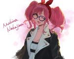  1girl alternate_costume brown_eyes character_name glasses highres looking_at_viewer macross macross_delta makina_nakajima medium_hair one_eye_closed open_mouth pink_hair pote-mm solo triangle_mouth twintails 