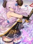  1girl absurdres bangs bare_shoulders belt blue_eyes braid breasts commentary draph gloves granblue_fantasy hair_ornament hair_over_one_eye hairclip hichi highres holding holding_weapon horns katana large_breasts lips long_hair looking_away mouth_hold narmaya_(granblue_fantasy) pink_hair pointy_ears serious sheath shiny shiny_hair shiny_skin simple_background single_thighhigh sleeveless solo sword thigh-highs thigh_strap thighs tied_hair weapon 