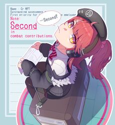  1girl absurdres beret candy food girls_frontline hat headphones highres jacket llpfmfc lollipop looking_at_viewer mp7_(girls_frontline) ponytail redhead sitting solo speech_bubble yellow_eyes 