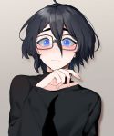  1boy absurdres ahoge bangs black-framed_eyewear black_hair black_sweater blue_eyes blush braid brown_background closed_mouth commentary frown glasses hair_between_eyes hand_on_own_chin hand_up highres indie_virtual_youtuber kushizaki_(vtuber) long_sleeves looking_at_viewer male_focus short_hair solo st_(youx1119) sweat sweater upper_body 