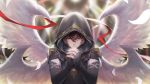  1boy armor bangs black_gloves blurry blurry_background brown_hair elbow_gloves feathered_wings feathers fingerless_gloves gloves granblue_fantasy hair_between_eyes hands_up highres hood hood_up looking_at_hands looking_away male_focus multiple_wings own_hands_together pauldrons praying red_eyes red_ribbon ribbon sandalphon_(granblue_fantasy) shoulder_armor solo tki upper_body wings 