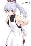  1girl apron arms_behind_back breasts closed_mouth cowboy_shot dated fate/grand_order fate_(series) large_breasts looking_at_viewer ponytail purple_hair red_eyes shiseki_hirame simple_background solo standing tomoe_gozen_(fate/grand_order) white_apron white_background 