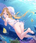  1girl abigail_williams_(fate/grand_order) abigail_williams_(swimsuit_foreigner)_(fate) ass bangs bare_shoulders bikini blonde_hair blue_eyes blush bonnet bow breasts child fate/grand_order fate_(series) feet fish forehead hair_bow highres legs long_hair looking_at_viewer looking_back miniskirt navel parted_bangs poumi sidelocks skirt small_breasts swimming swimsuit twintails underwater very_long_hair white_bikini white_bow white_headwear 