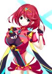  1girl armor artist_request covered_navel donageage fingerless_gloves gem gloves hair_ornament headpiece highres jewelry pyra_(xenoblade) red_eyes red_shorts redhead short_hair short_shorts shorts shoulder_armor solo thigh-highs thighs tiara upper_body xenoblade_chronicles_(series) xenoblade_chronicles_2 