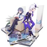  2girls alset aqua_eyes ascot black_gloves blue_neckwear book character_doll chin_rest crossed_legs fu_hua fu_hua_(night_squire) glasses gloves grey_hair half_mask highres holding holding_book honkai_(series) honkai_impact_3rd kallen_kaslana kallen_kaslana_(sixth_serenade) kiana_kaslana kiana_kaslana_(herrscher_of_the_void) long_sleeves looking_at_viewer mecha multiple_girls necktie pants purple_gloves purple_legwear purple_neckwear shirt silver_hair smile thigh-highs white_shirt 